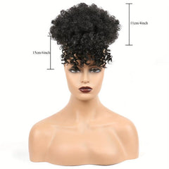 Afro Curly Hair Bun Topper with Bangs Synthetic Clip In Hair Extensions