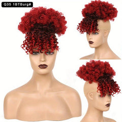 Afro Curly Hair Bun Topper with Bangs Synthetic Clip In Hair Extensions