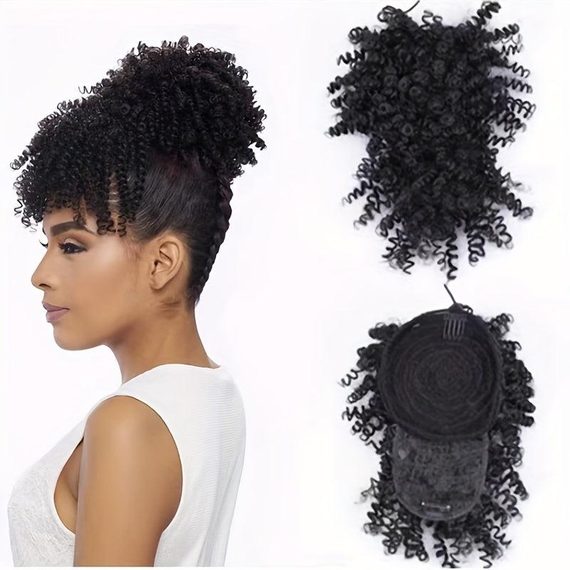 Afro Curly Hair Bun Topper with Bangs Synthetic Clip In Hair Extensions