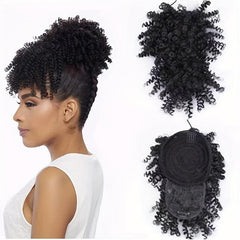 Afro Curly Hair Bun Topper with Bangs Synthetic Clip In Hair Extensions