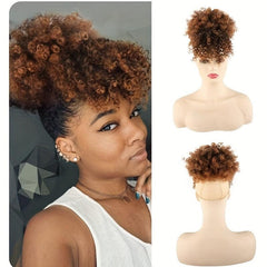 Afro Curly Hair Bun Topper with Bangs Synthetic Clip In Hair Extensions