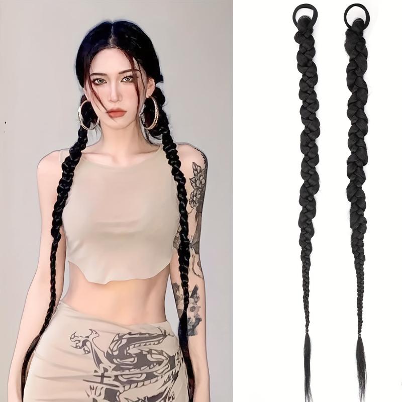 Long Braided Ponytail Extension Elastic Hair Tie Straight Wrap Around Women
