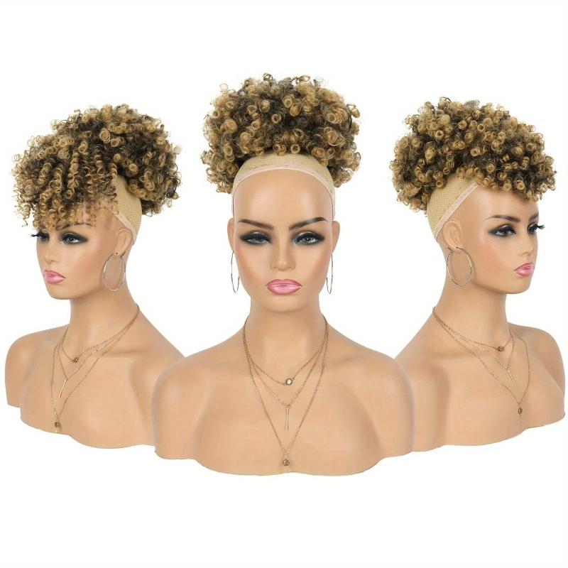 3PCS Pack Short Kinky Curly Puff Drawstring Ponytail With Bangs Updo Hair Wig
