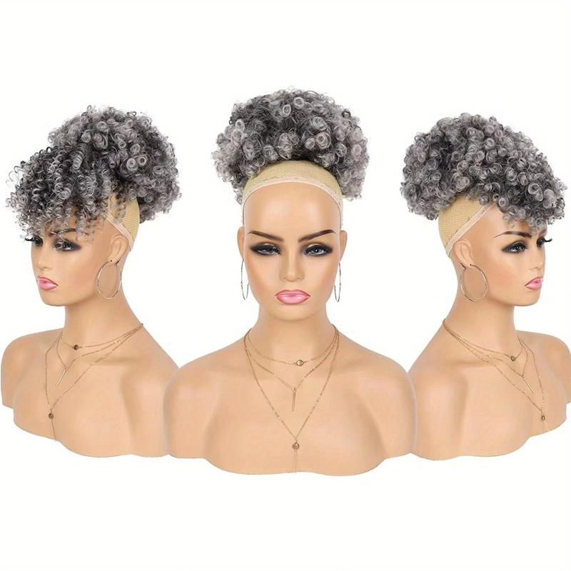 3PCS Pack Short Kinky Curly Puff Drawstring Ponytail With Bangs Updo Hair Wig