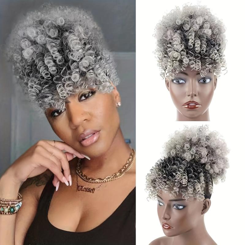 3PCS Pack Short Kinky Curly Puff Drawstring Ponytail With Bangs Updo Hair Wig