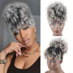 3PCS Pack Short Kinky Curly Puff Drawstring Ponytail With Bangs Updo Hair Wig