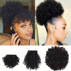 3PCS Pack Short Kinky Curly Puff Drawstring Ponytail With Bangs Updo Hair Wig