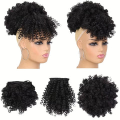 3PCS Pack Short Kinky Curly Puff Drawstring Ponytail With Bangs Updo Hair Wig