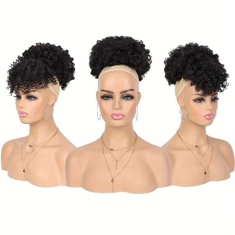 3PCS Pack Short Kinky Curly Puff Drawstring Ponytail With Bangs Updo Hair Wig