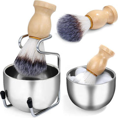 Shaving Brush & Bowl Set Wood Handle Stainless Steel Shaving Bowl & Brush Stand