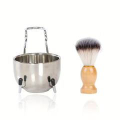 Shaving Brush & Bowl Set Wood Handle Stainless Steel Shaving Bowl & Brush Stand