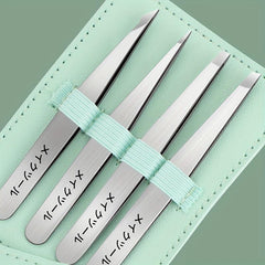 4-In-1 Stainless Steel Eyebrow Tweezers Set with Storage Bag