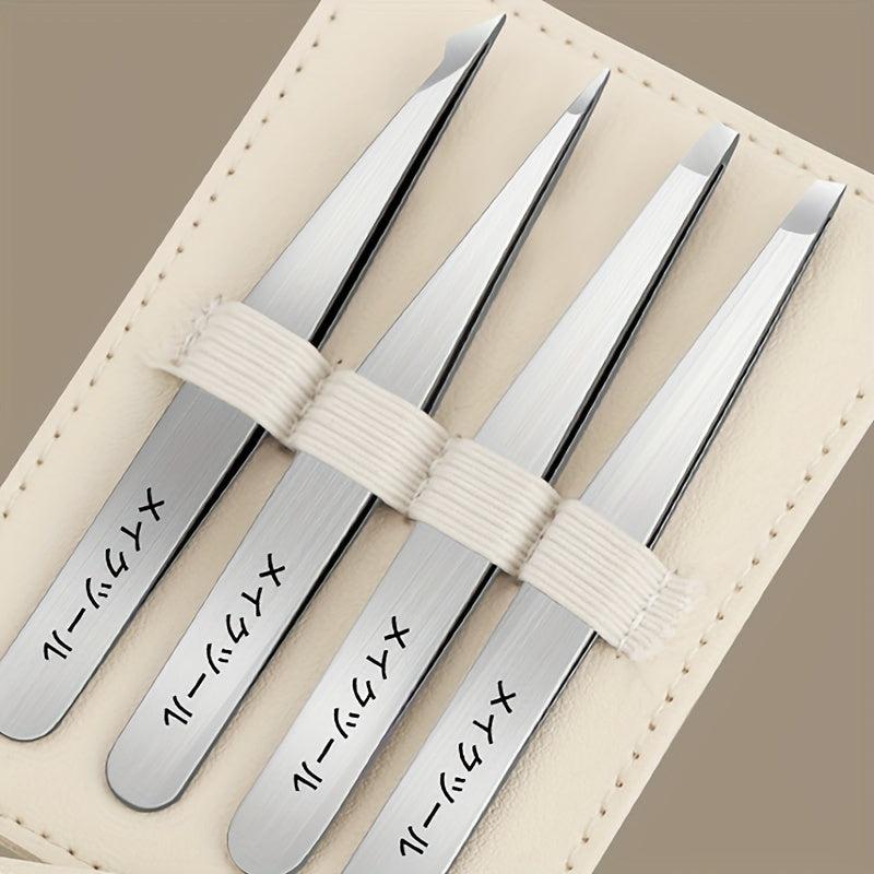 4-In-1 Stainless Steel Eyebrow Tweezers Set with Storage Bag