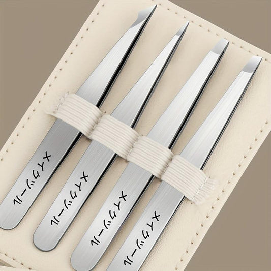 4-In-1 Stainless Steel Eyebrow Tweezers Set with Storage Bag
