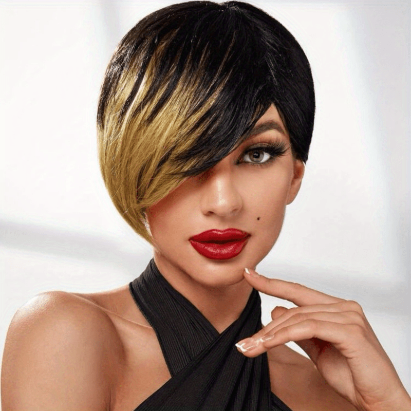 Short Layered Wavy Wig Ombre Red Burgundy Pixie Cut Wig