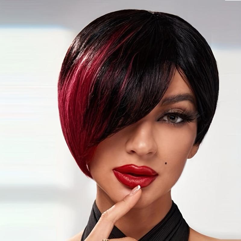 Short Layered Wavy Wig Ombre Red Burgundy Pixie Cut Wig
