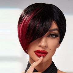 Short Layered Wavy Wig Ombre Red Burgundy Pixie Cut Wig