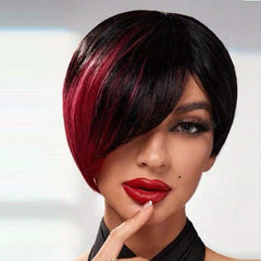 Short Layered Wavy Wig Ombre Red Burgundy Pixie Cut Wig