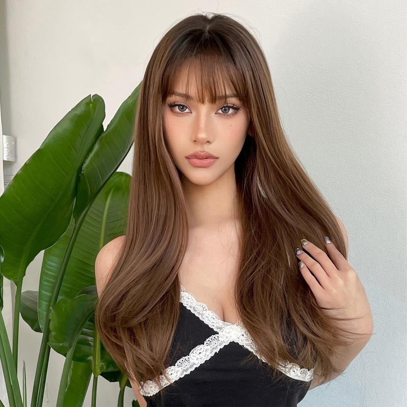60 96 Cm Long Brown Straight Wig With Bangs For Women