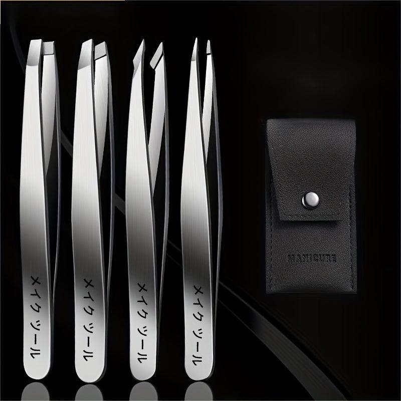 4 pcs Stainless Steel Tweezers Set with Travel Case for Hair Removal