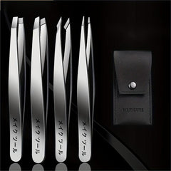4 pcs Stainless Steel Tweezers Set with Travel Case for Hair Removal