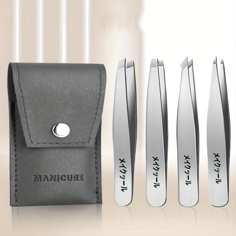 4 pcs Stainless Steel Tweezers Set with Travel Case for Hair Removal