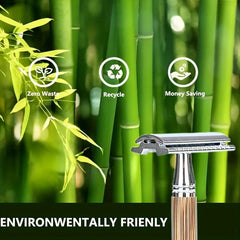 Eco Friendly Bamboo Handle Safety Razor + 5 Blades + Case & Holder