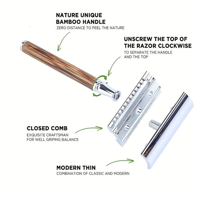 Eco Friendly Bamboo Handle Safety Razor + 5 Blades + Case & Holder