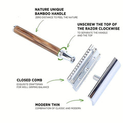 Eco Friendly Bamboo Handle Safety Razor + 5 Blades + Case & Holder
