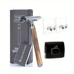 Eco Friendly Bamboo Handle Safety Razor + 5 Blades + Case & Holder