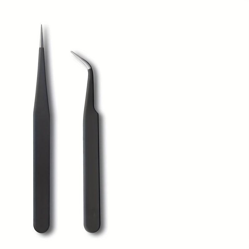 2Pcs Nail Art Tweezers Straight Curved Tip False Eyelash Extension Clip Set