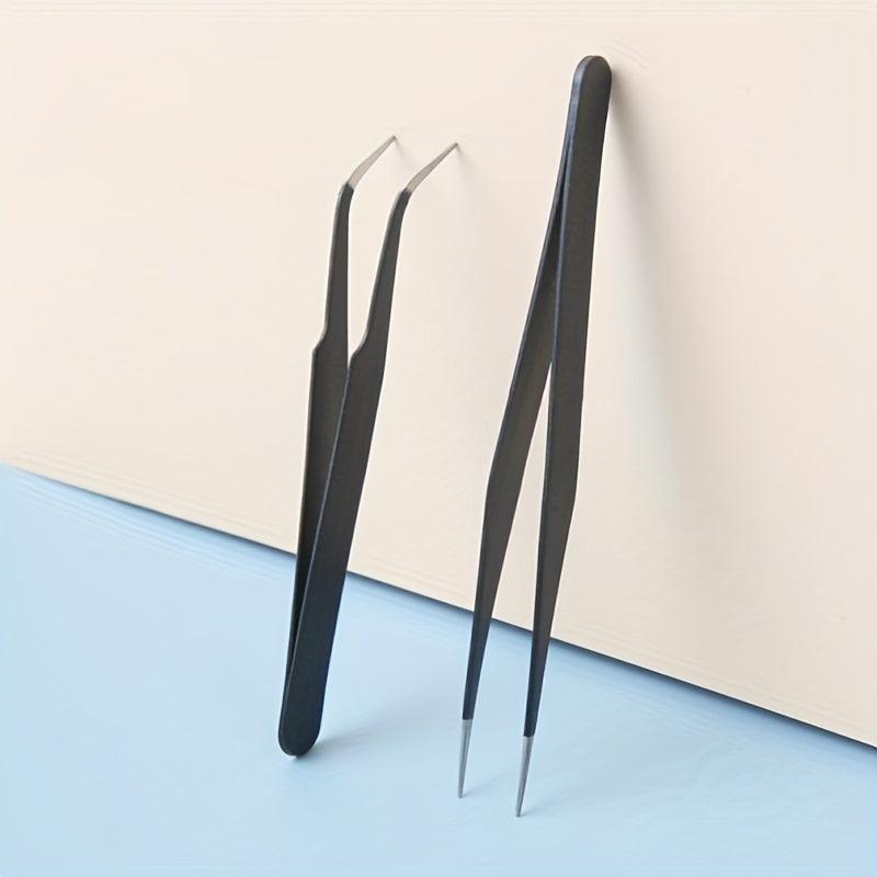 2Pcs Nail Art Tweezers Straight Curved Tip False Eyelash Extension Clip Set