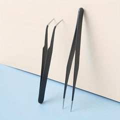 2Pcs Nail Art Tweezers Straight Curved Tip False Eyelash Extension Clip Set