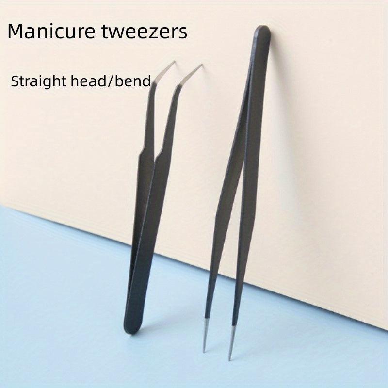 2Pcs Nail Art Tweezers Straight Curved Tip False Eyelash Extension Clip Set