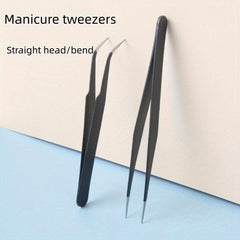 2Pcs Nail Art Tweezers Straight Curved Tip False Eyelash Extension Clip Set
