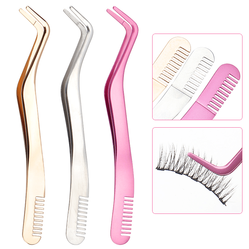 Curved Lash Tweezers w/ Comb Portable False Lash Extension Tweezers
