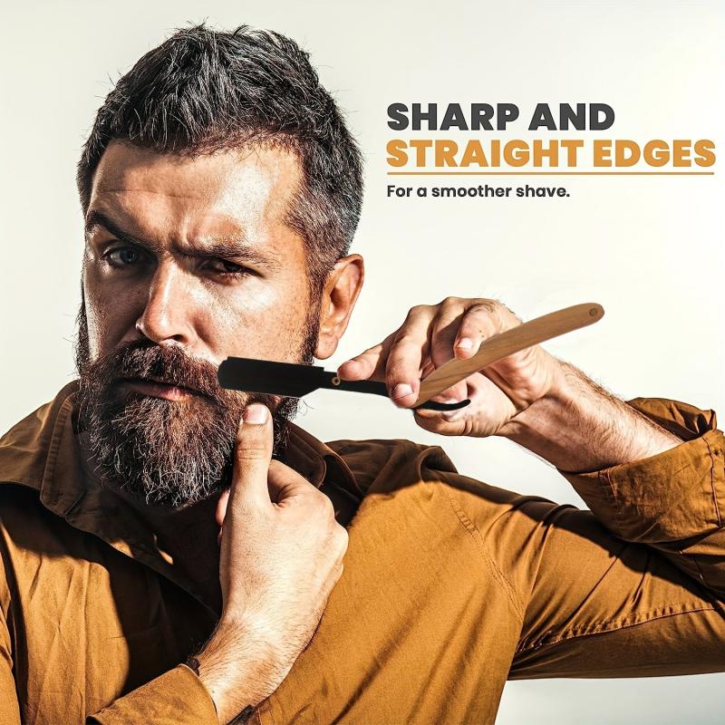 Barber Straight Edge Razor Wooden Handle Kit + 10 Blades
