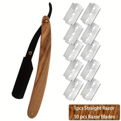 Barber Straight Edge Razor Wooden Handle Kit + 10 Blades