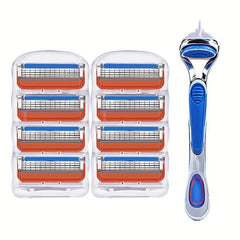 Vintage 5-Layer Manual Razor Set Stainless Steel Anti-Slip Handle with 8 Refills