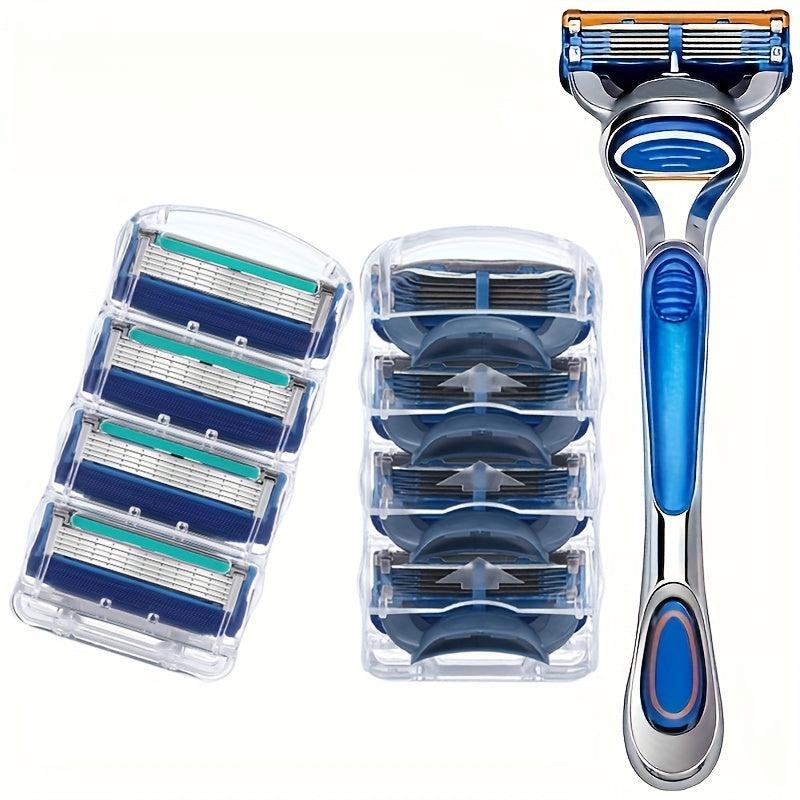 Vintage 5-Layer Manual Razor Set Stainless Steel Anti-Slip Handle with 8 Refills