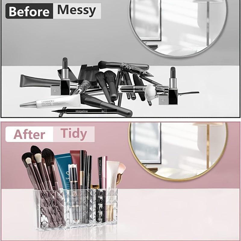 3 Compartment Acrylic Makeup Brush Holder with Clear Eyebrow Pencil Organizer