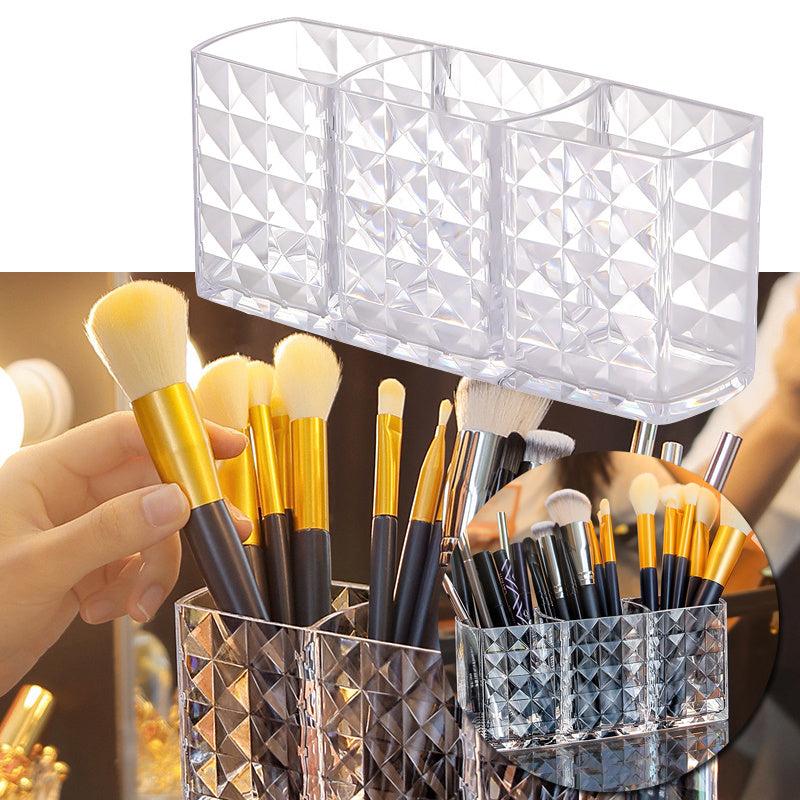 3 Compartment Acrylic Makeup Brush Holder with Clear Eyebrow Pencil Organizer