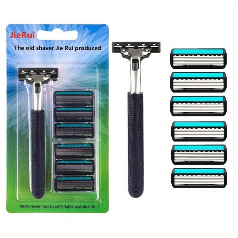 6 Layer Razor Handle With 6 Blades Refills Anti-slip Manual Safety Razor