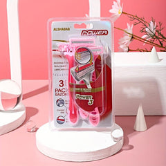 3PCS 3 Blades Women Razor Set Rubber Pink Handle Stainless Steel Blade