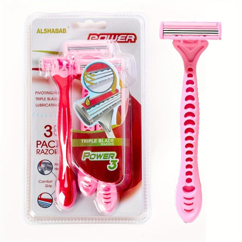 3PCS 3 Blades Women Razor Set Rubber Pink Handle Stainless Steel Blade