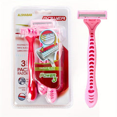3PCS 3 Blades Women Razor Set Rubber Pink Handle Stainless Steel Blade
