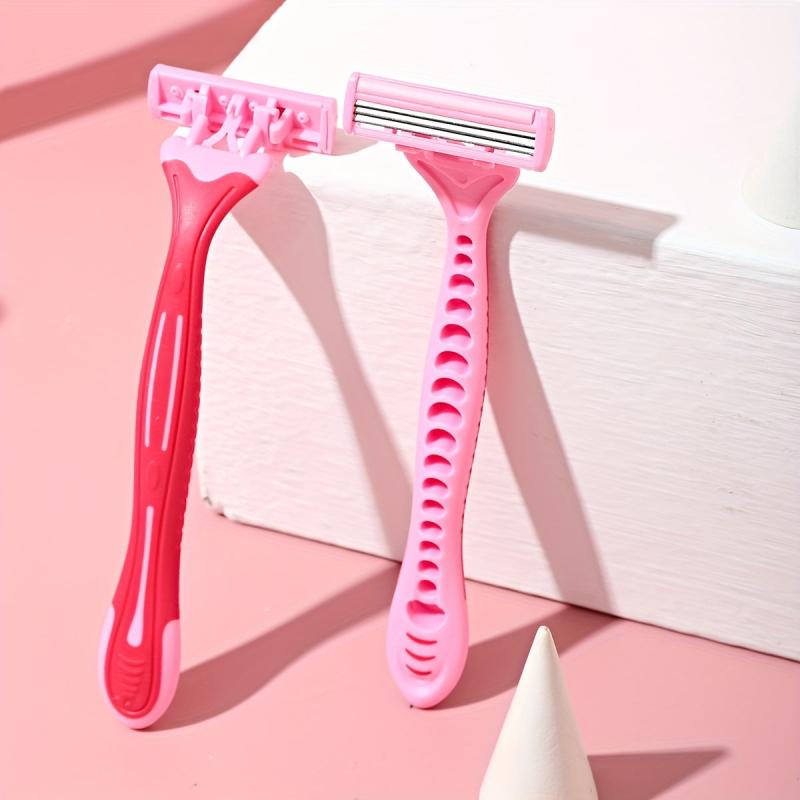 3PCS 3 Blades Women Razor Set Rubber Pink Handle Stainless Steel Blade