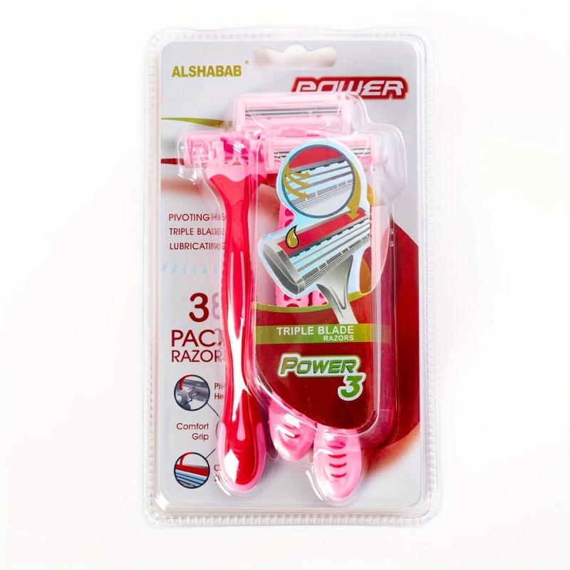 3PCS 3 Blades Women Razor Set Rubber Pink Handle Stainless Steel Blade