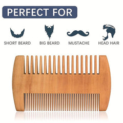 Beech Wooden Beard Comb & Leather Case Dual Action Fine & Coarse Teeth
