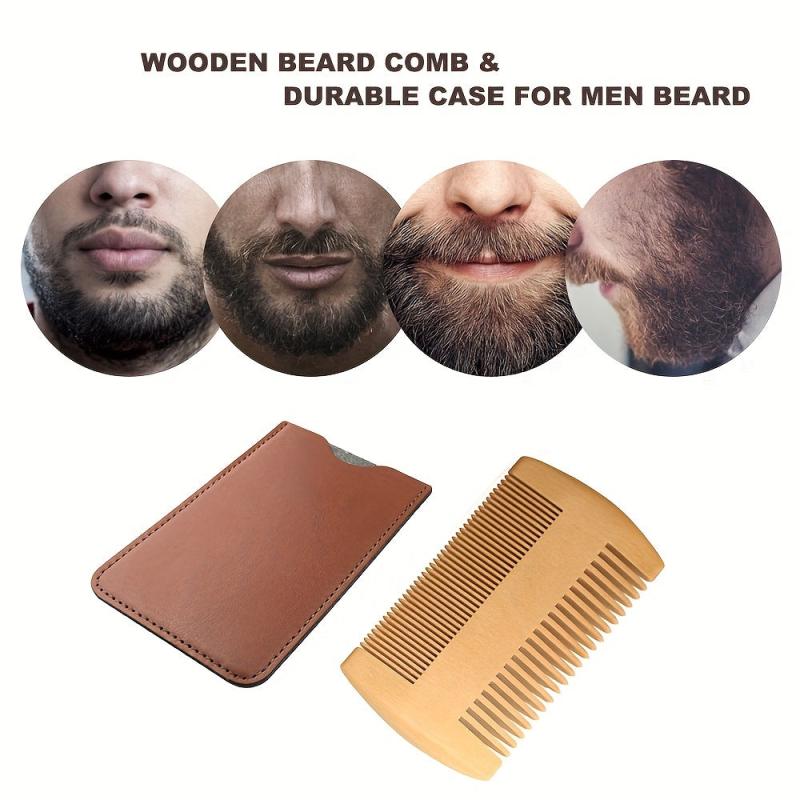 Beech Wooden Beard Comb & Leather Case Dual Action Fine & Coarse Teeth